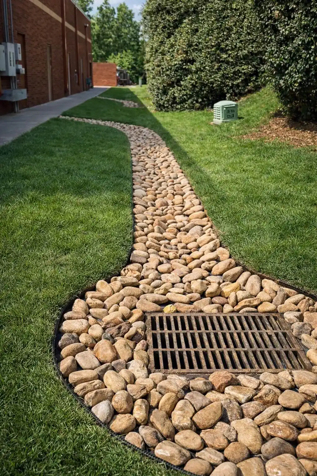 French drain and dry creek bed with catch basin behind retaining wall Greensboro NC
