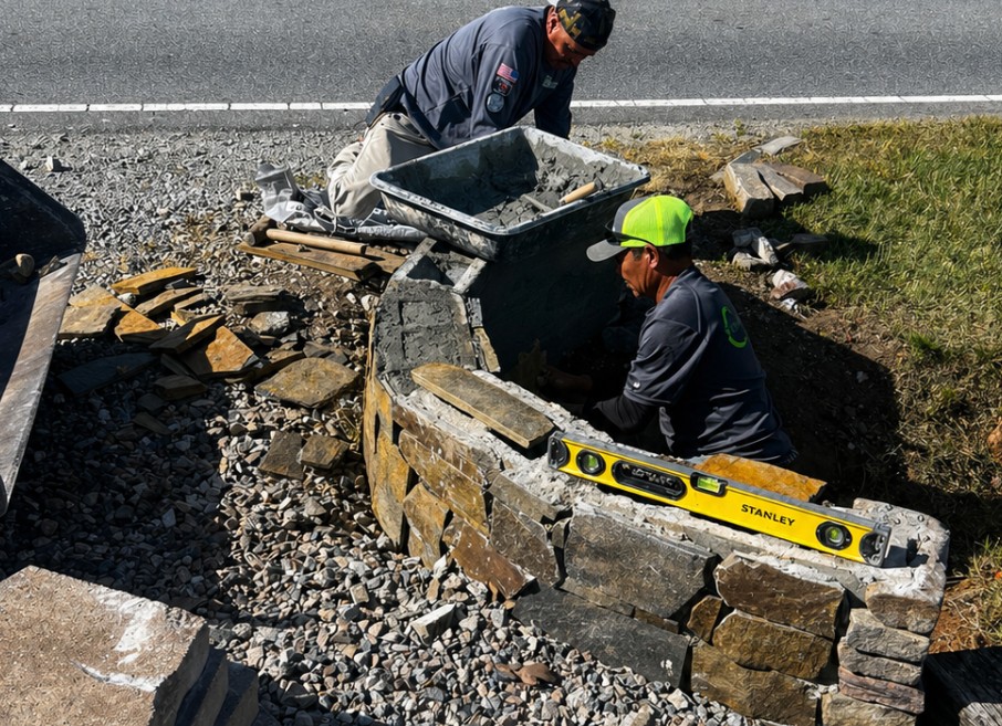 Stone-faced retaining wall and driveway headwall Colfax NC