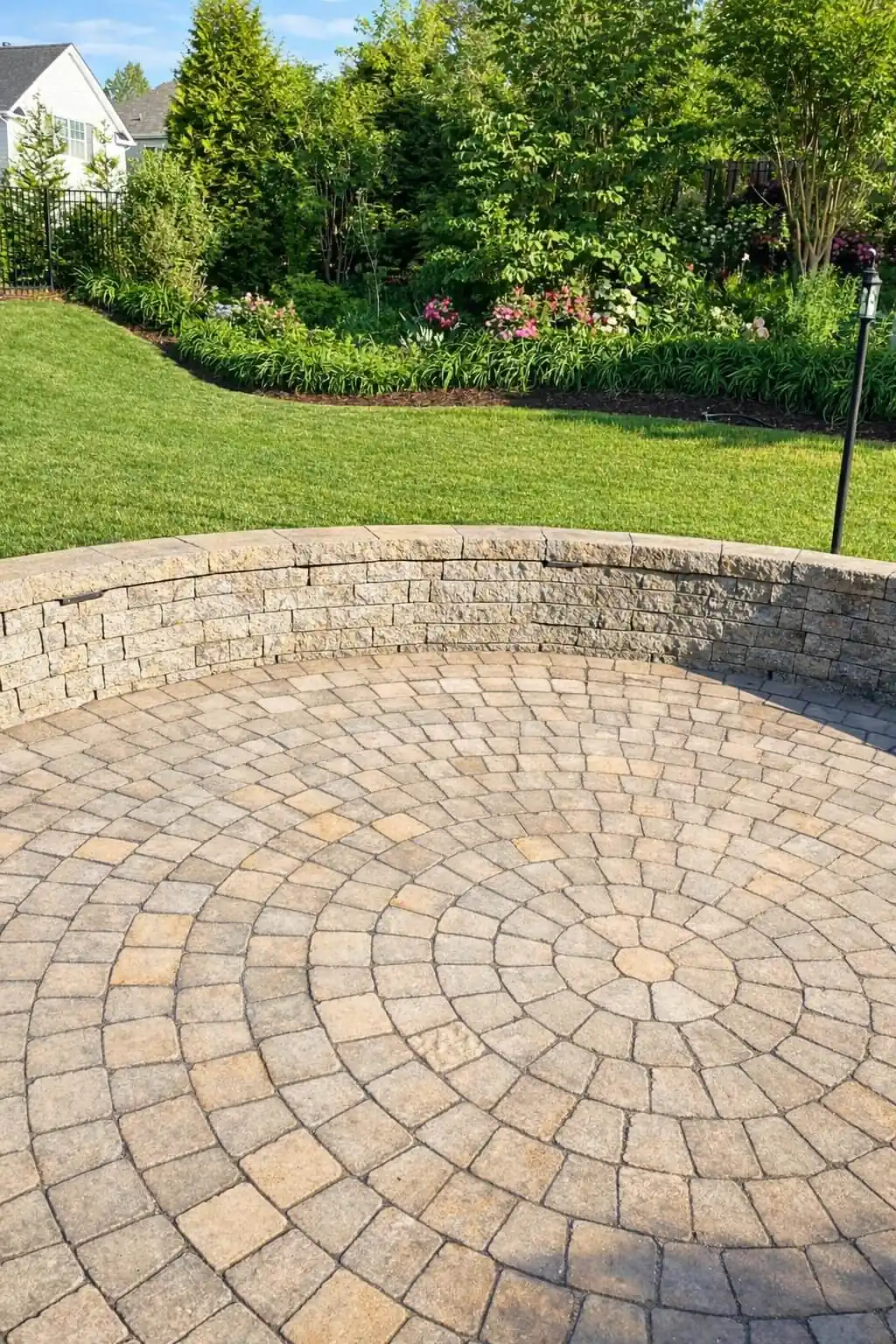 Curved stone sitting and retaining wall with paver patio Greensboro NC